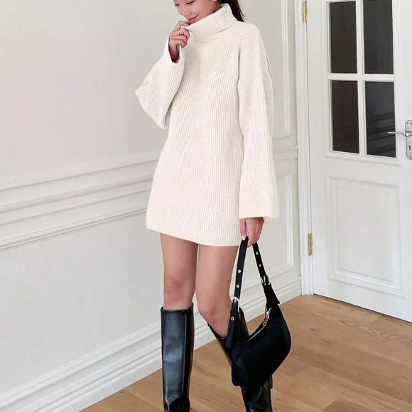 White Casual Women's High-Neck Drop Shoulder Sweater - Picture 3 of 5